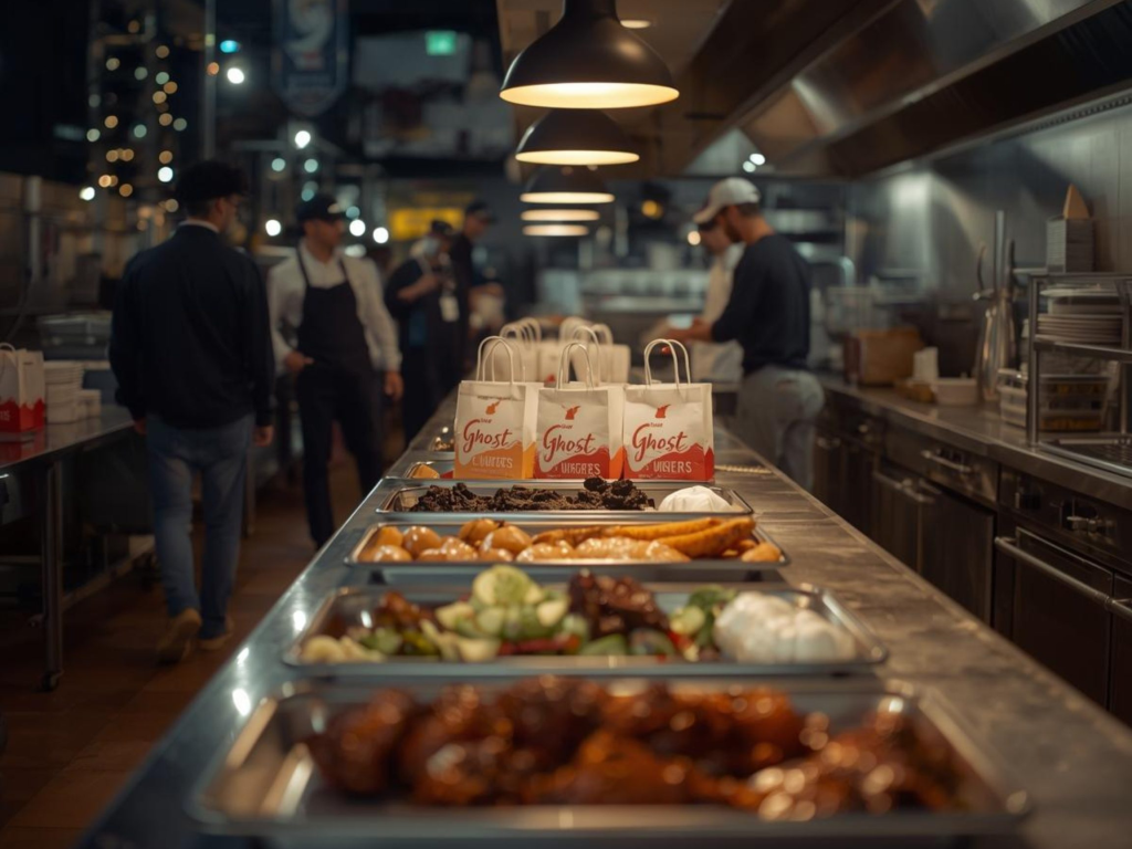 Ghost kitchen workspace in Dallas Fort Worth with delivery orders prepared at night