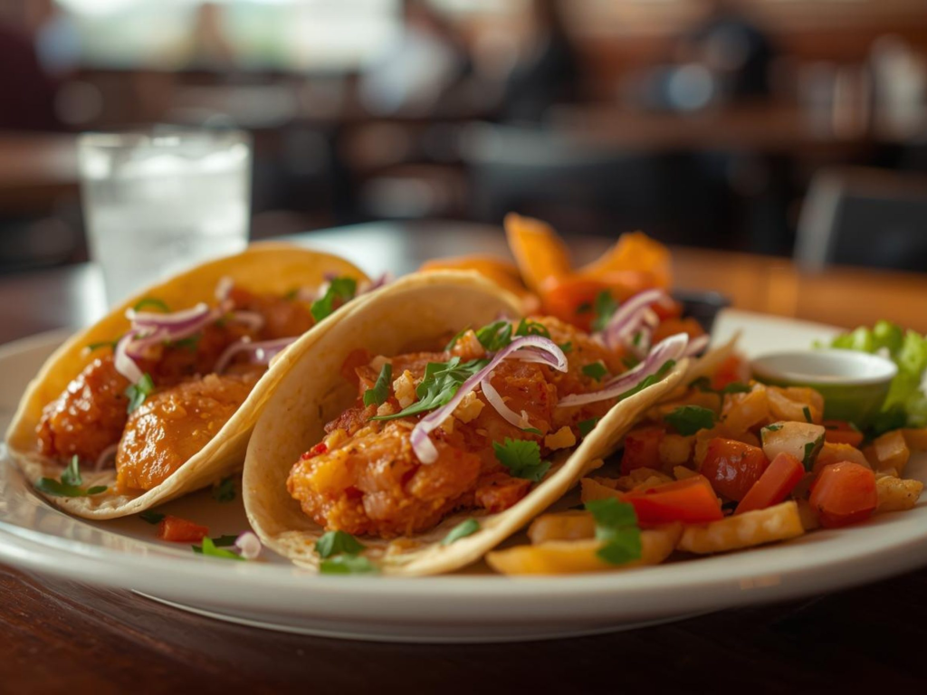 Close up of a taco lunch plate on a table at a Dallas restaurant.