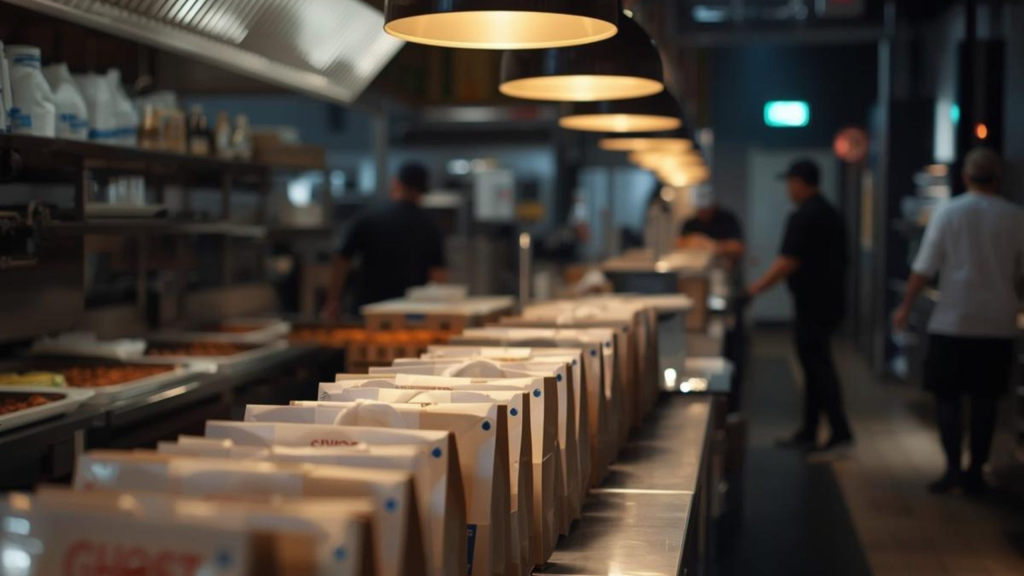 Hidden rise of ghost kitchens Dallas Fort Worth Ghost kitchen workspace in Dallas Fort Worth with delivery orders prepared at night