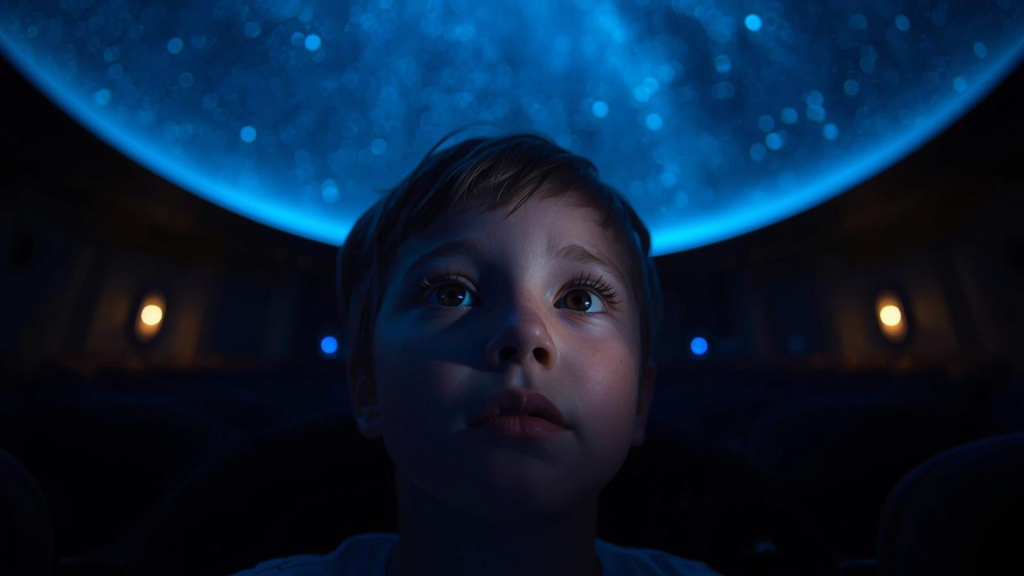 Child watching a star projection inside the Noble Planetarium at the Fort Worth Museum of Science and History.
