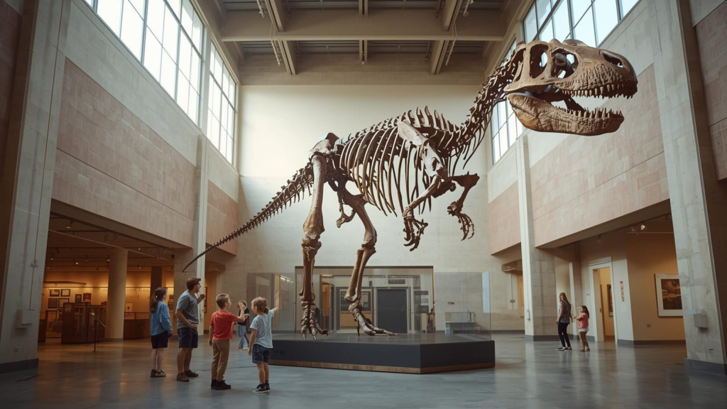Families viewing a large dinosaur skeleton inside the Fort Worth Museum of Science and History.