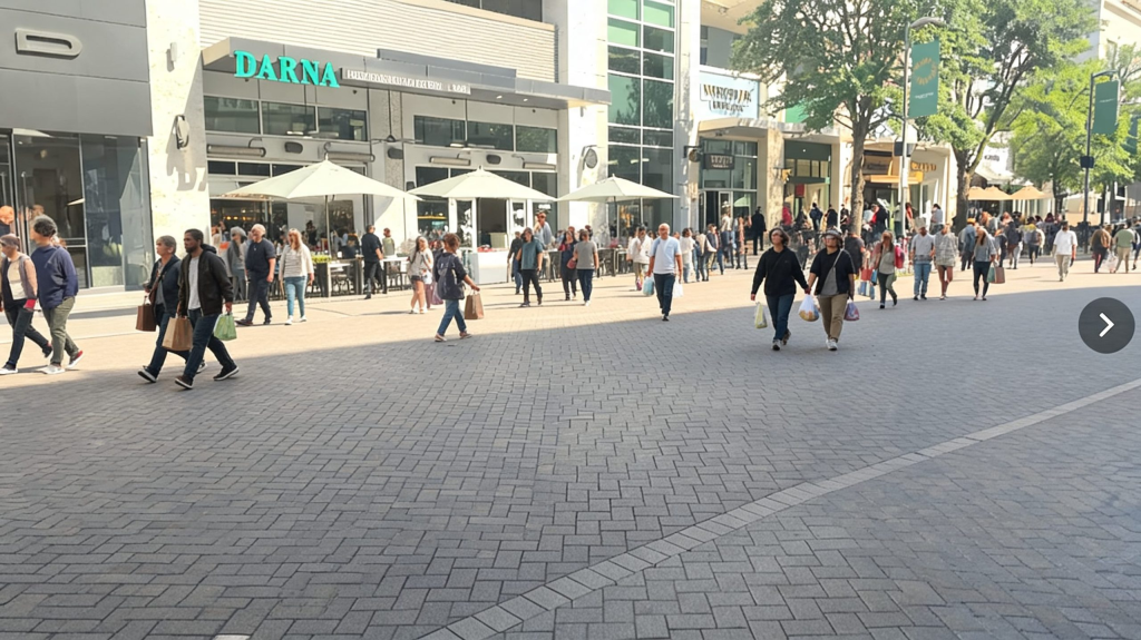 Retail stores at Legacy West outdoor shopping district in Plano TX