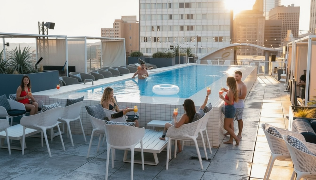 Why This Stunning Rooftop Has the Best Sunset in Dallas Waterproof rooftop pool at The Statler Dallas with downtown skyline views