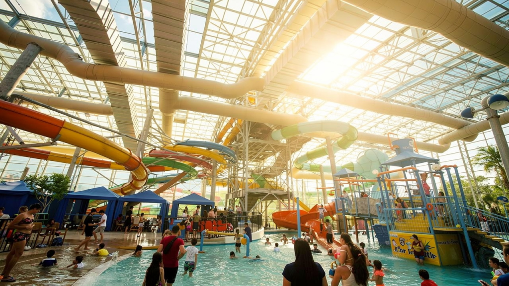 Epic Waters, the Best Year-Round Waterpark in Grand Prairie Indoor waterslides under the retractable roof at Epic Waters in Grand Prairie
