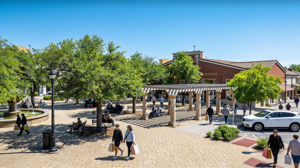 Walkable tree-lined storefronts at Southlake Town Square in Southlake