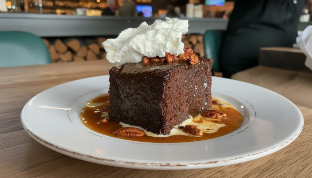 The signature Whiskey Cake toffee torte dessert at Whiskey Cake in Plano
